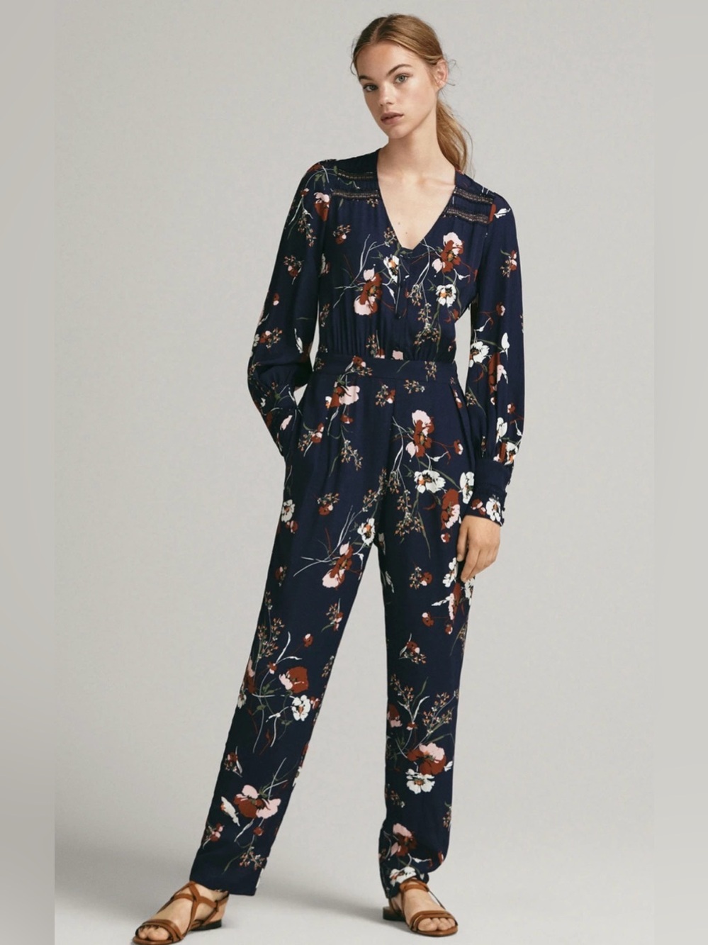 NWT Massimo Dutti Navy Floral V-Neck Long-Sleeve Jumpsuit